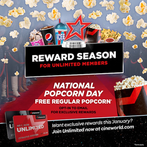 Free regular popcorn for Unlimited members Cineworld cinemas